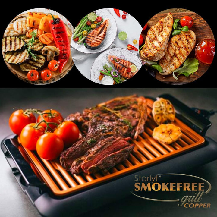STARLYF Smokefree Grill Copper + Grillplatte, ohne Rauch oder Gerüche, Grill mit Kupfer-Antihaftbesc