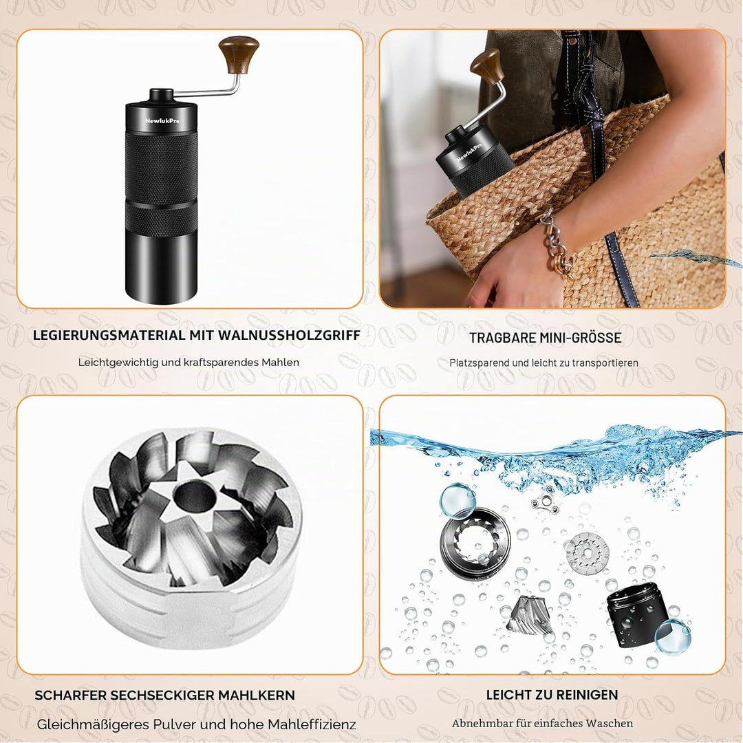 NewlukPro M6 Kaffeemühle Handbuch, Kapazität 25g, Hand Kaffeemühle Sharp Hexagonal Mahlkern, tragbar