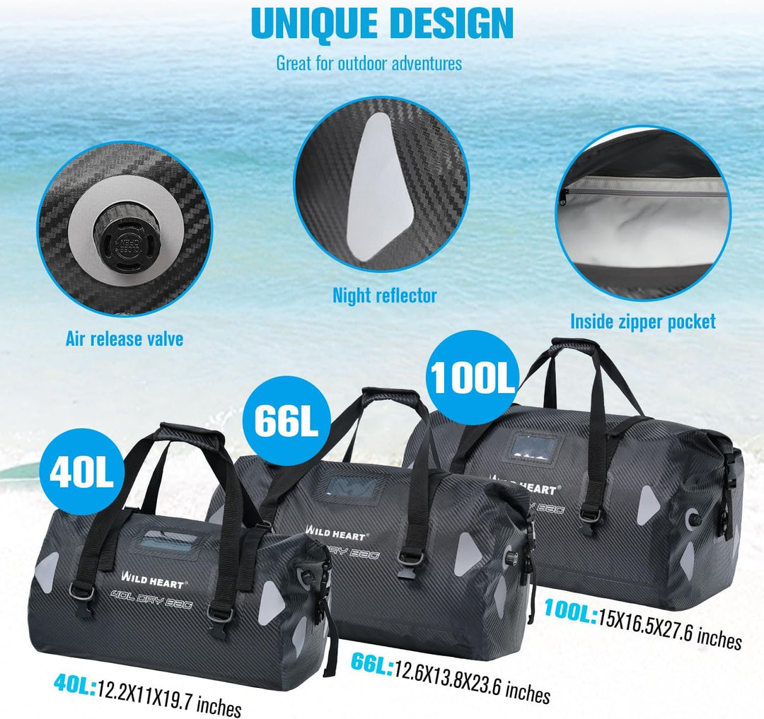 WILD HEART wasserdichte Reisetasche, 40 l 66 l, 100 l, mit verschweissten Nähten, Schultergurten, Ne