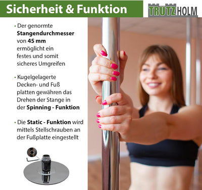 Profi Pole Dance Tanzstange 45mm, GoGo Tabledance mit Static + Spinning Funktion, von 223 - 274 cm H