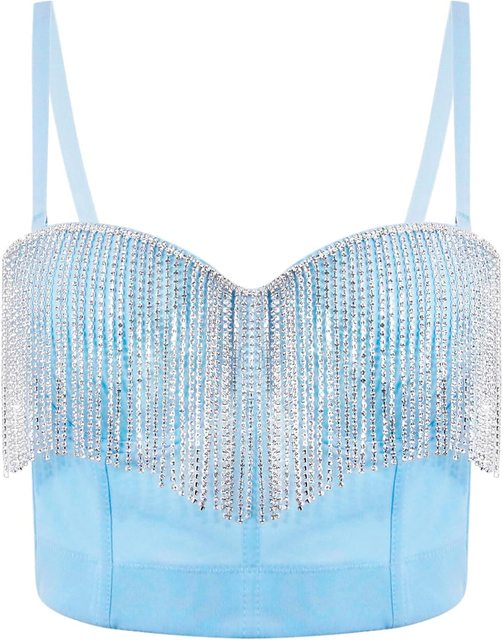 Naimo Damen Sexy Strass Quaste Bustier Push Up Crop Top Korsett BH Glitzer Diamant Tank Top Weste Pa