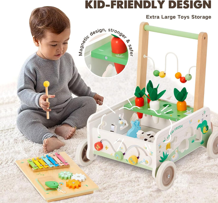 Labebe Lauflernwagen Holz,Baby Lauflernhilfe mit gummierten Holzrädern und Activity Center, Gehfrei