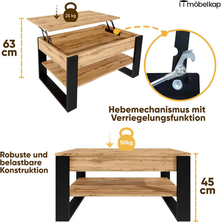 Couchtisch mit anhebbarer Platte | Höhenverstellbarer Wohnzimmertisch mit Stauraum | Sofatisch Eiche