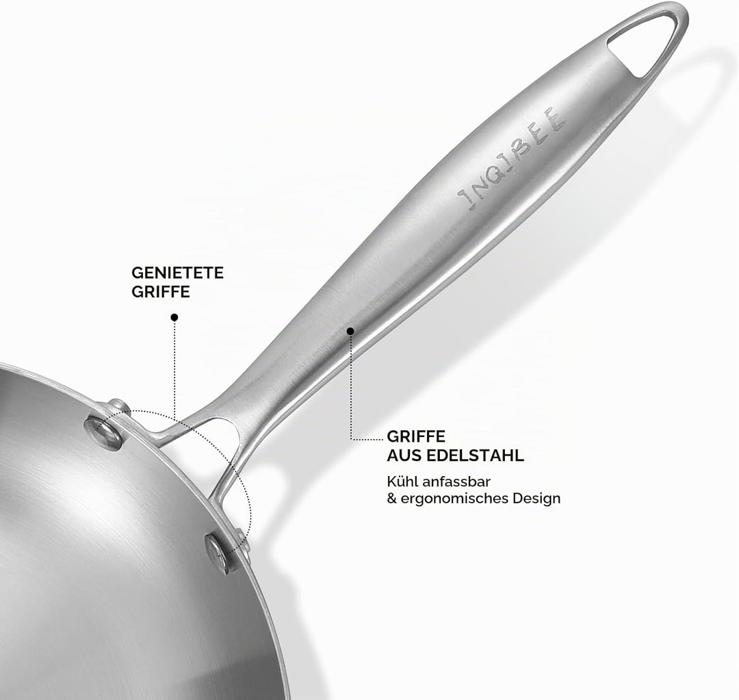 Inqibee Edelstahlpfanne Bratpfanne Unbeschichtet 22 cm mit Deckel - Pfanne Edelstahl, Stainless Stee