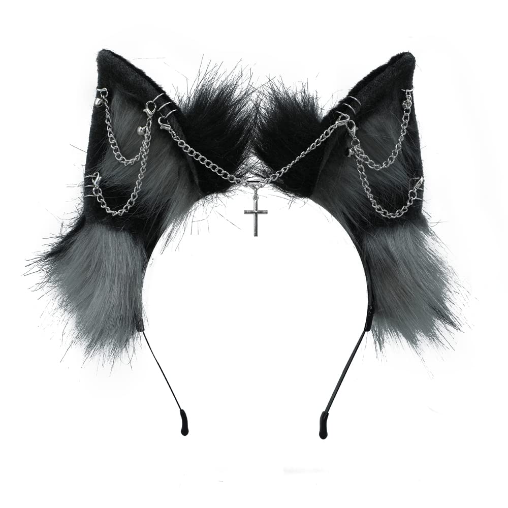 VIGVAN Handgemachte Wolf Fuchs Ohren Cosplay Kopf Zubehör Kawaii Haarband (Kette Schwarz Grau), Kett