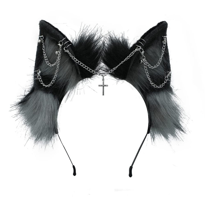 VIGVAN Handgemachte Wolf Fuchs Ohren Cosplay Kopf Zubehör Kawaii Haarband (Kette Schwarz Grau), Kett