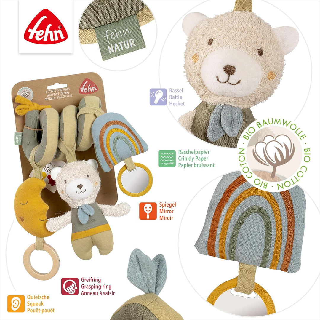 Fehn Activity Spirale Bär fehnNATUR - Kinderwagen Spielzeug zum Fühlen und Greifen - Babyspielzeug f