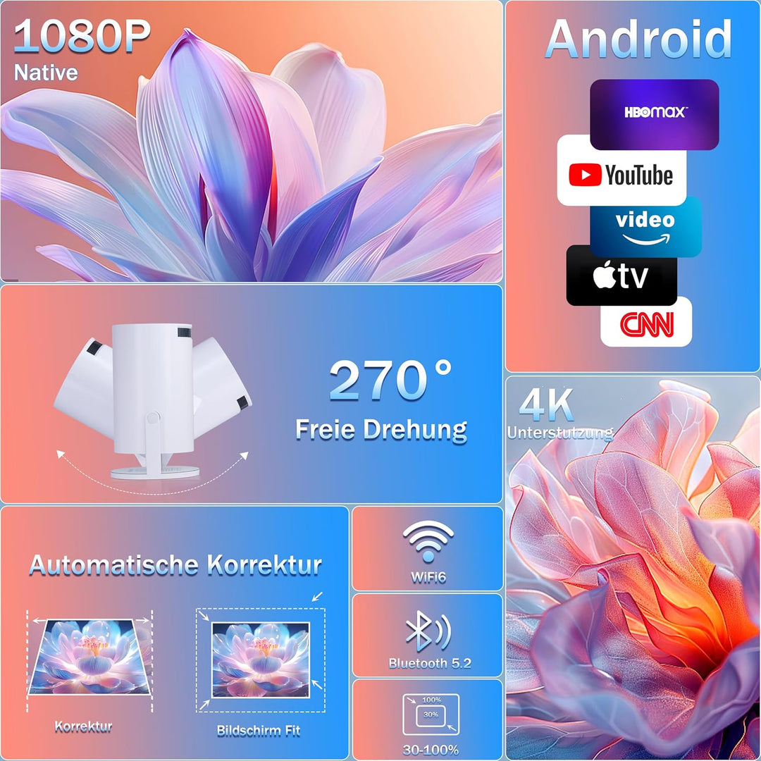 Projector 4K Unterstützt 1080P Full HD Mini Beamer with WiFi 6 mit BT 5.2, Beamer Klein Eingebaute A