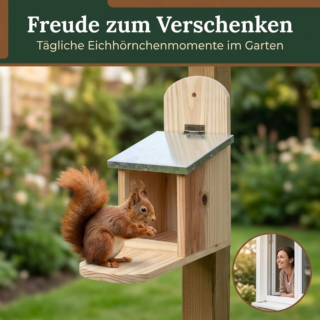 MIJOMA Futterstation für Eichhörnchen – mit Metall-Klappdeckel – aus Tannenholz – für Garten, Balkon