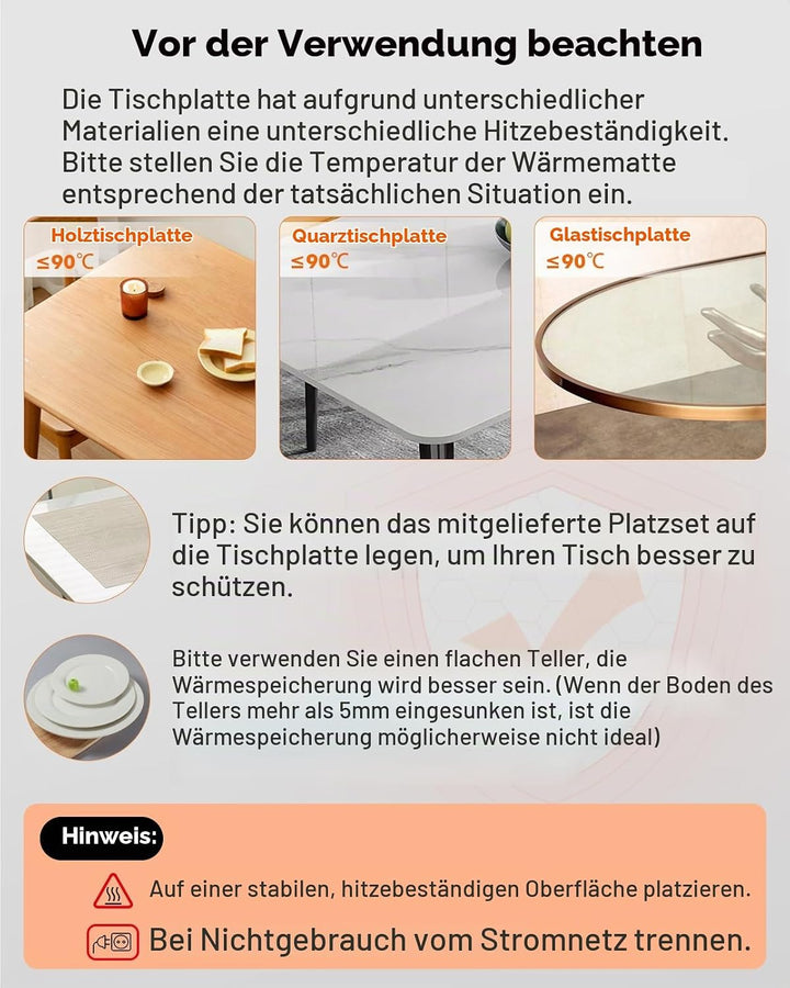 AMOSA Warmhaltematte für Speisen, Speisenwärmer mit 9 Einstellbaren Temperaturen &amp; 6-Stunden-Timer,