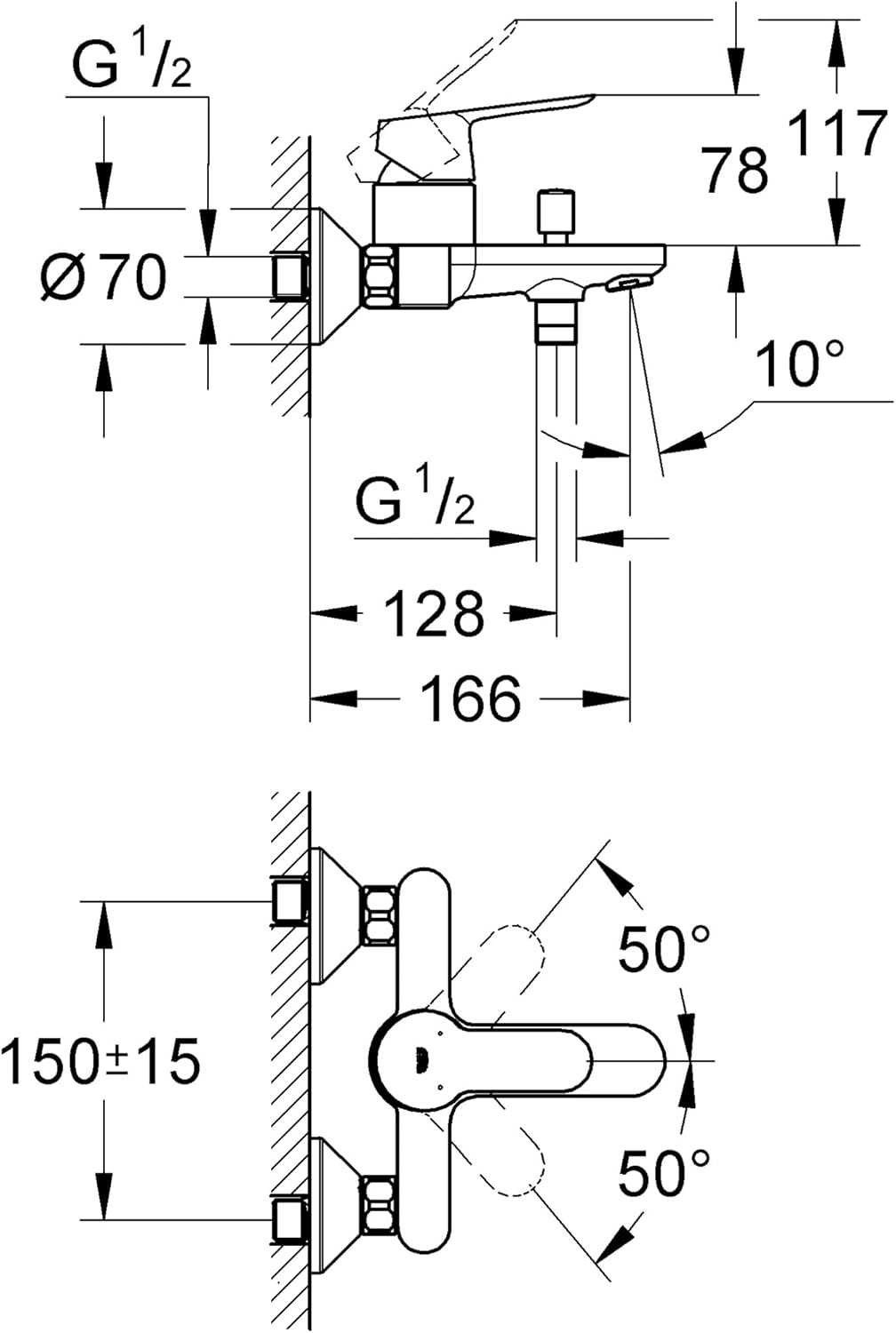 GROHE Start Edge - Einhand- Wannenbatterie (1/2″, Wandmontage, langlebige Oberfläche), chrom, 233480