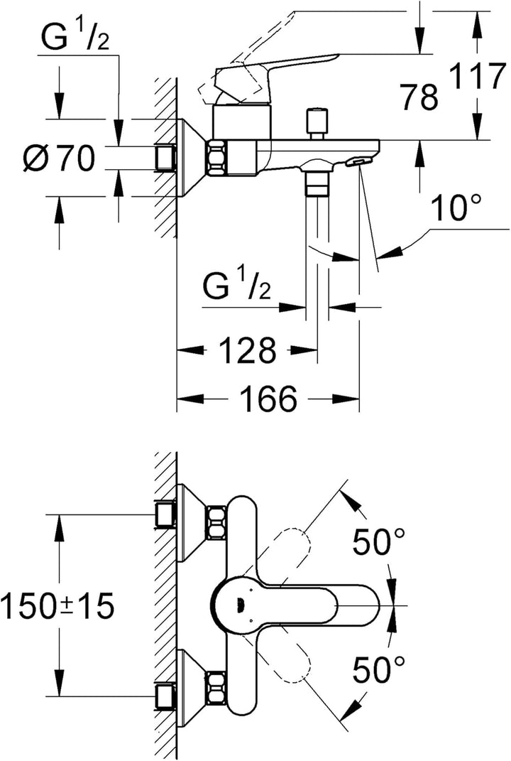 GROHE Start Edge - Einhand- Wannenbatterie (1/2″, Wandmontage, langlebige Oberfläche), chrom, 233480