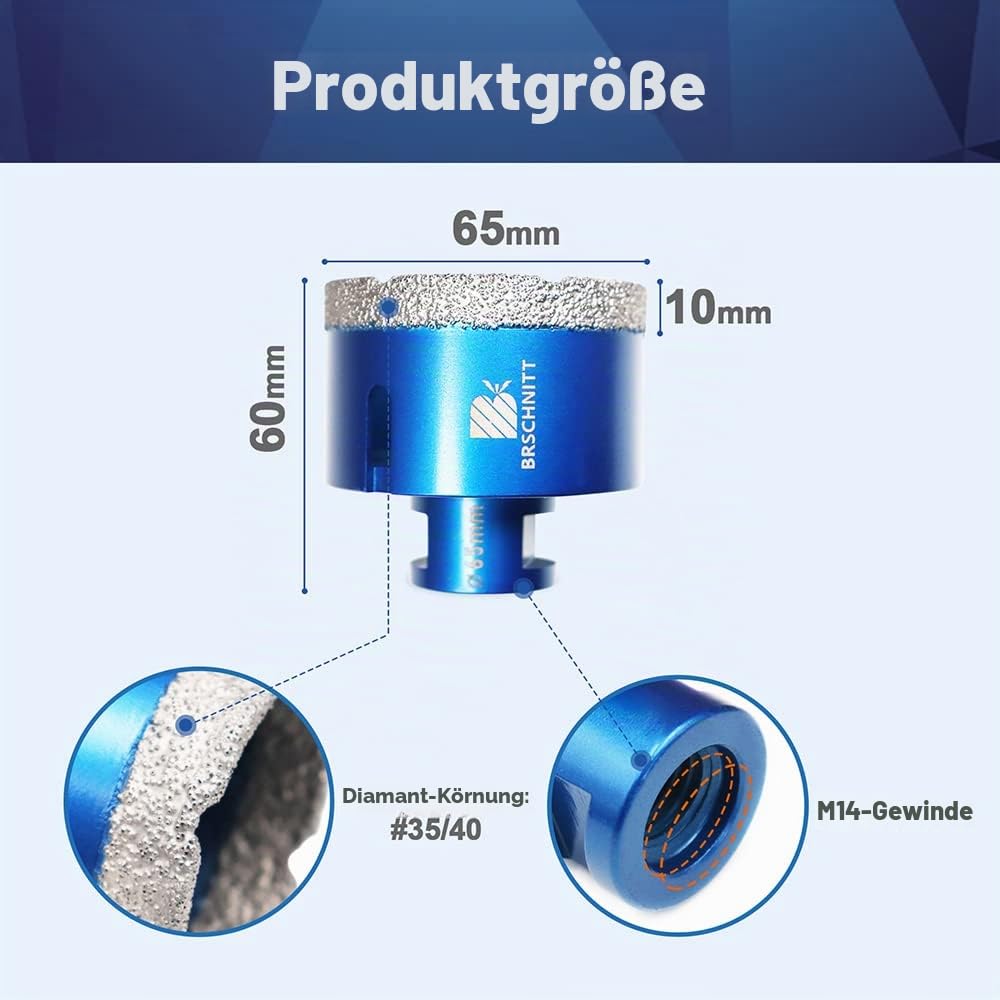 Diamant Fliesenbohrer 65mm - M14 Diamantbohrer Lochsäge für Fliesen Porzellan Keramik Marmor Granit