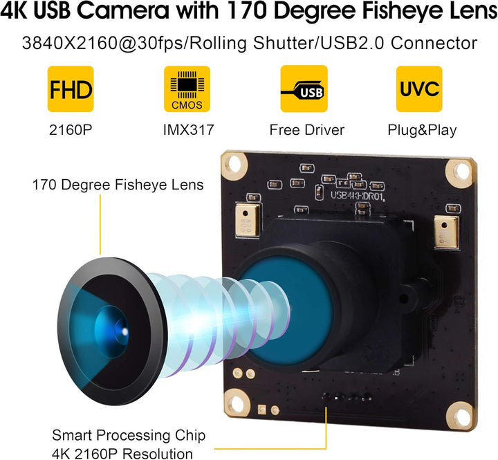G Fisheye Objektiv 4K USB Kameramodul 2160p Webcam modul,UHD 30fps Webkamera modul Weitwinkel 170° U