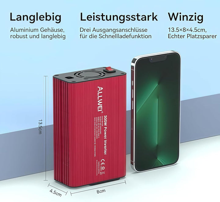 ALLWEI 300W Wechselrichter 12V auf 230V Spannungswandler, Stromwandler mit Typ-C & USB Anschluss, In