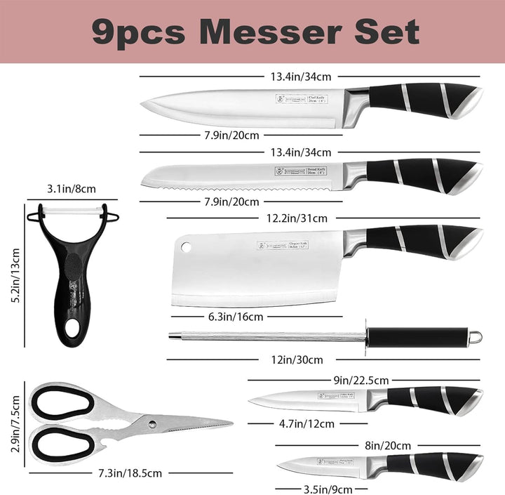 9-tlg Messerset mit Drehbare Acryl Messerblock, Rosa Sharp Antihaft Beschichtete Kochmesser Block Se