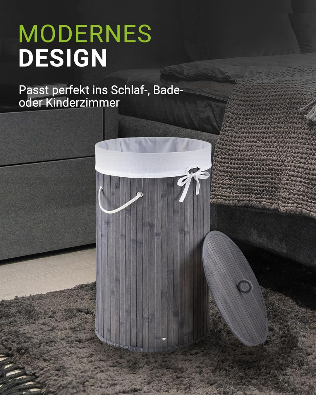 Juskys Bambus Wäschekorb Curly-Round Grau 55L - Hygienischer & Faltbarer Wäschekorb mit Deckel, Trag