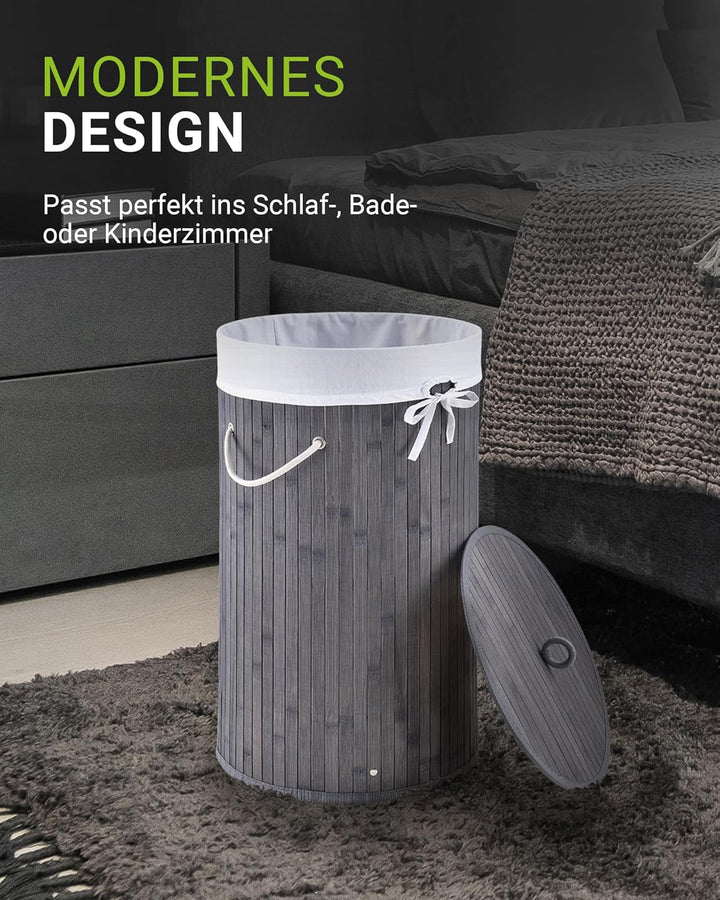 Juskys Bambus Wäschekorb Curly-Round Grau 55L - Hygienischer & Faltbarer Wäschekorb mit Deckel, Trag