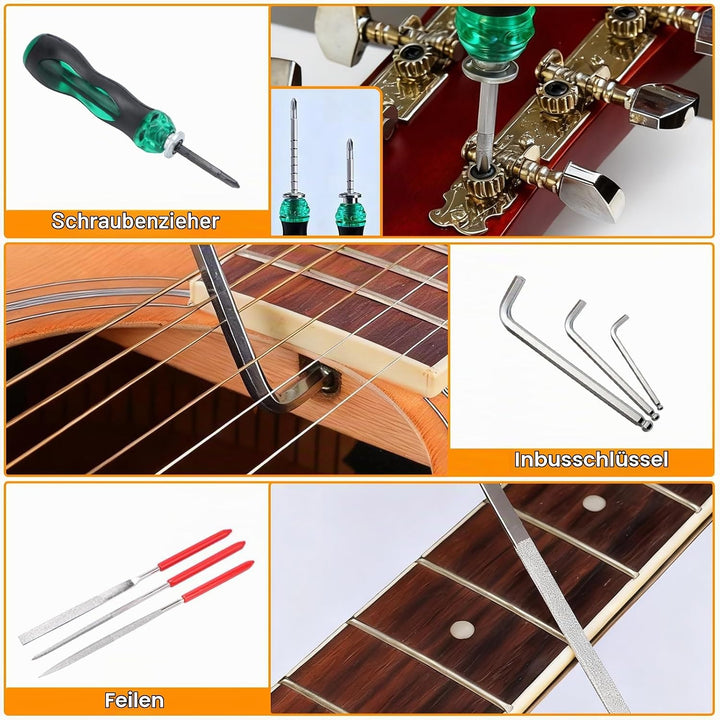 63 Stück Gitarren-Reparatur-Set, Gitarrenpflege-Reinigungs-Werkzeug-Set mit Sattel, Steg, Stimmgerät