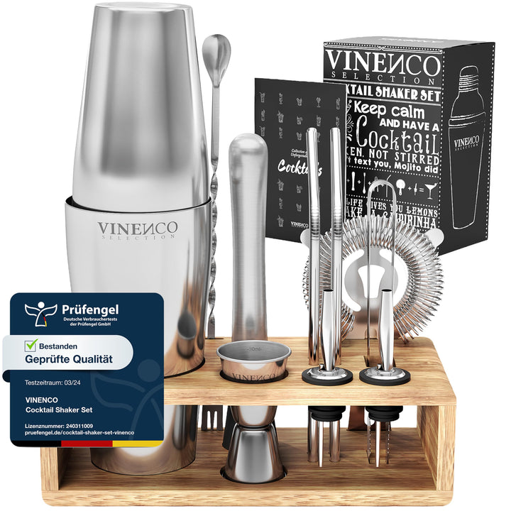 Cocktail Shaker Set Boston mit Ständer & Rezeptbuch: Premium Edelstahl Bar Cocktailset Cocktailshake