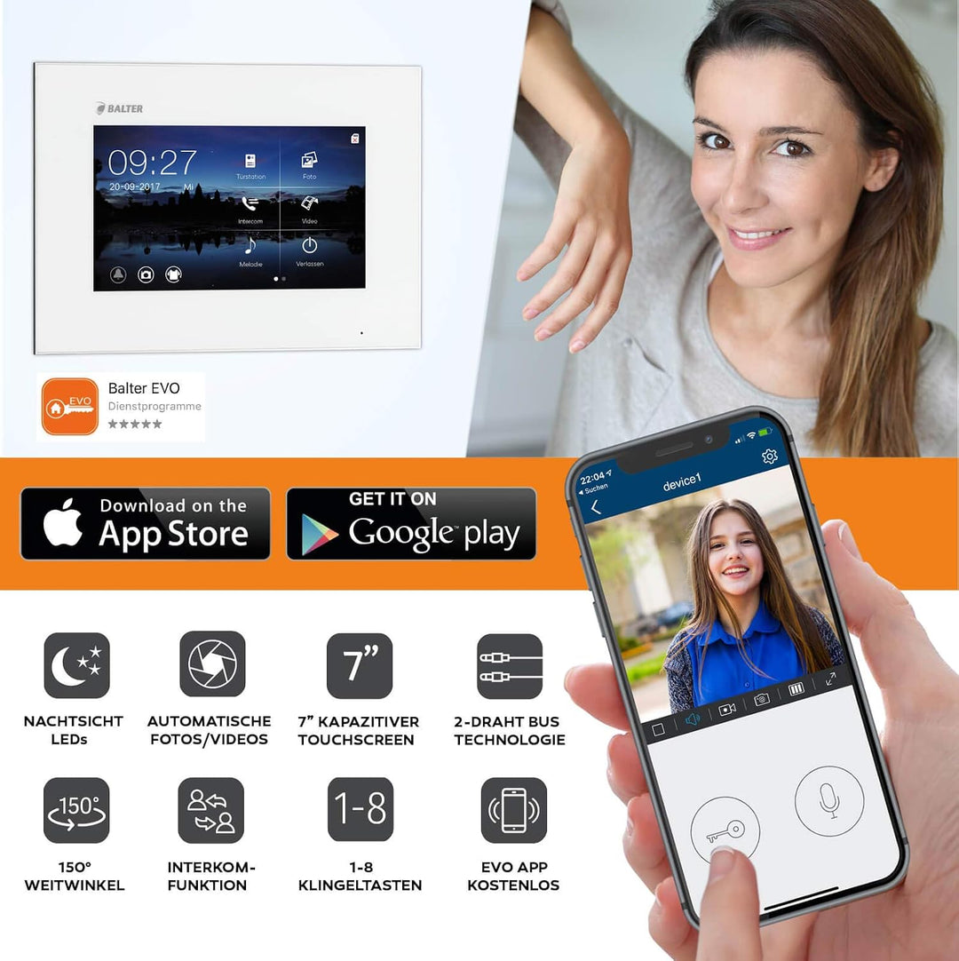 Balter EVO Video Türsprechanlage, Touchscreen, 4X 7 Zoll Monitor, Smartphone App, 2-Draht Bus, Türst