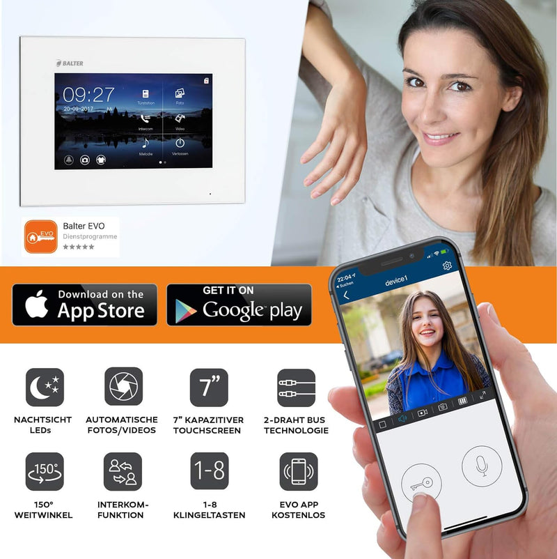 Balter EVO Video Türsprechanlage ✓ Touchscreen 7 Zoll Monitor ✓ Smartphone App ✓ 2-Draht Bus ✓ Aufpu