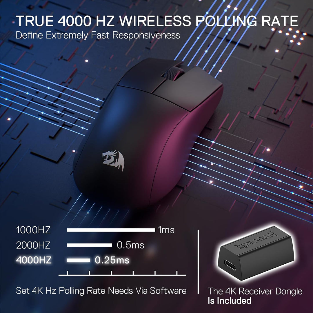 Redragon M916 PRO 3-Modus Wireless Gaming Maus, Hyperschnelle 4K Polling Rate, 49G Ultra-Leicht 26K