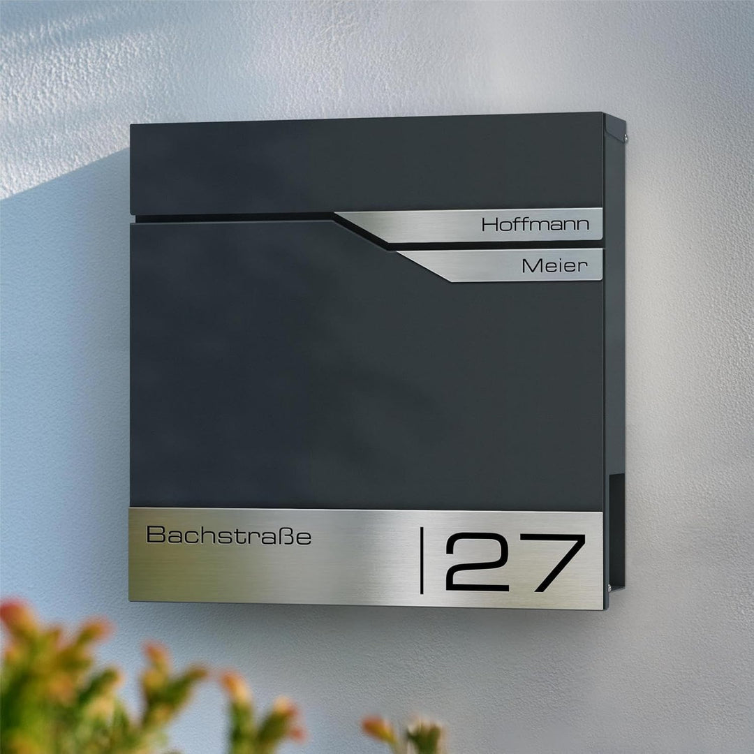 Metzler Wandbriefkasten mit Zeitungsfach und verdecktem Schloss Anthrazitgrau RAL 7016, DIN-A4-Einwu