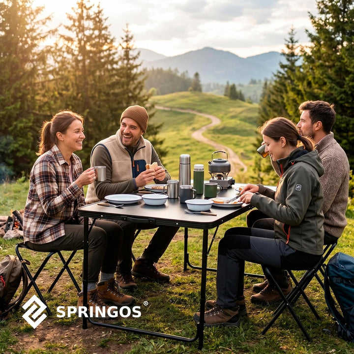 SPRINGOS Camping Set 120x60 cm Tisch Höhenverstellbar 3 Stufen 4 Klappstühle Aluminium MDF Tischplat