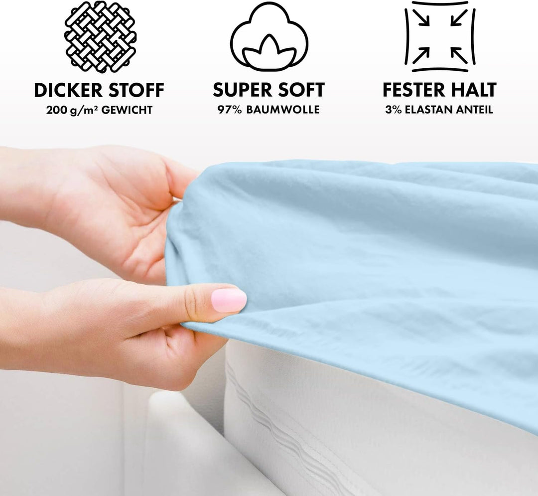 Jacobson Jersey Spannbettlaken Spannbetttuch Baumwolle Bettlaken (Premium 200x220 cm, Hellblau) PREM
