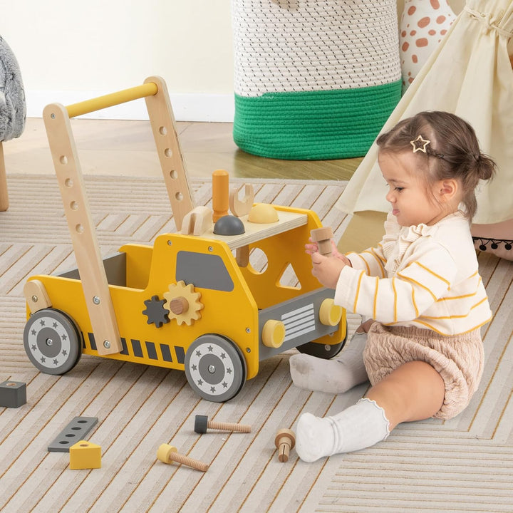 DREAMADE 2 in 1 Lauflernwagen aus Holz, mini-Werkzeugbank mit Rädern, Lauflernhilfe für Mädchen und