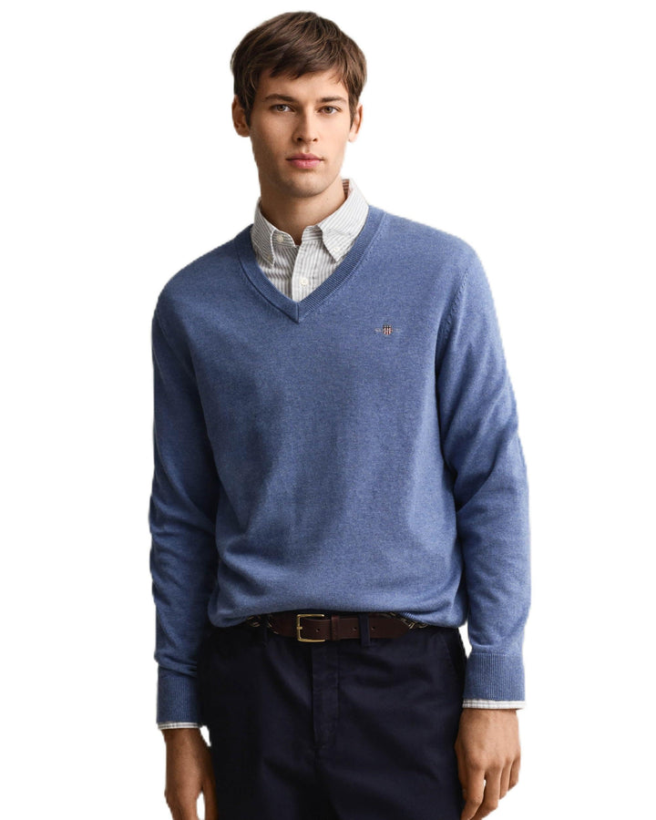 Gant Herren Classic Cotton V-Neck Pullover M Denim Blue Melange, M Denim Blue Melange