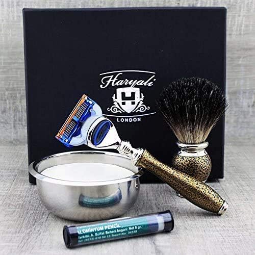 Haryali London Gold Antik Design 5 Edge Rasiermesser, Rasierpinsel, Rasierschale, Rasierseife und Al