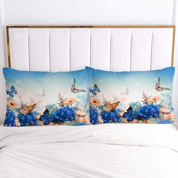 Luowei Bettwäsche 135x200cm 4 Teilig Blau Blumen&Schmetterling Bettbezug Set Weiche Microfaser Vinta