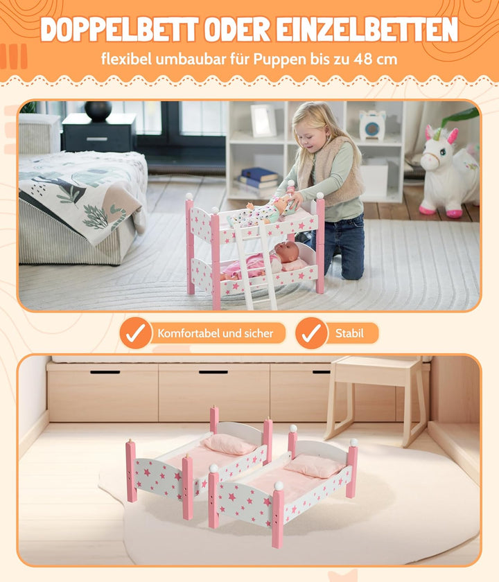 Bayer Chic 2000 - Puppen-Etagenbett für Baby-Puppen bis 48 cm, Puppenbett, Puppenmöbel, Stars pink,
