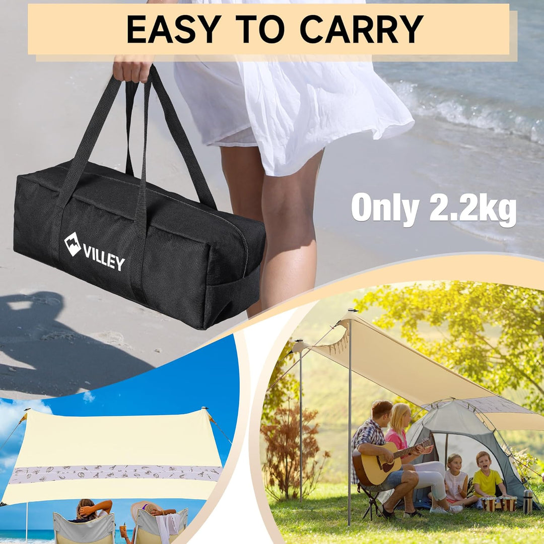 VILLEY Sonnenzelt 2m x 2,4m Khaki, UPF50+ UV Schutz Spandex Strandzelt für 3 Personen, Sonnenschirm