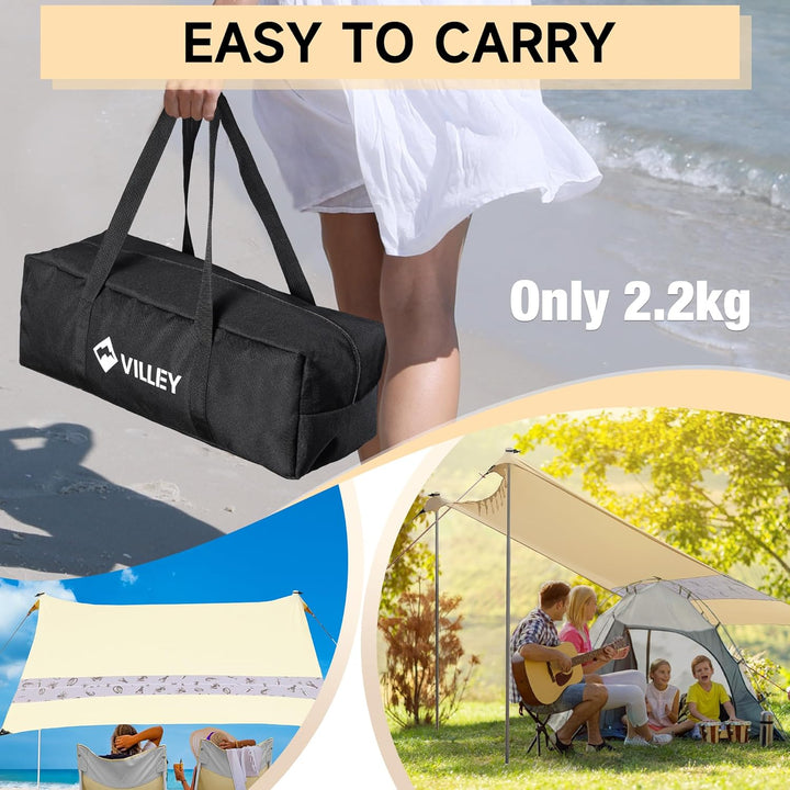 VILLEY Sonnenzelt 2m x 2,4m Khaki, UPF50+ UV Schutz Spandex Strandzelt für 3 Personen, Sonnenschirm