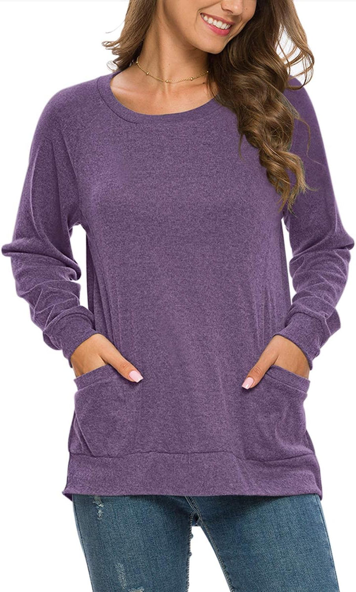 AUSELILY Damen Langarmshirts Rundhals T Shirts Blusen Tunika Sweatshirt Pullover Mit Taschen Lila S,