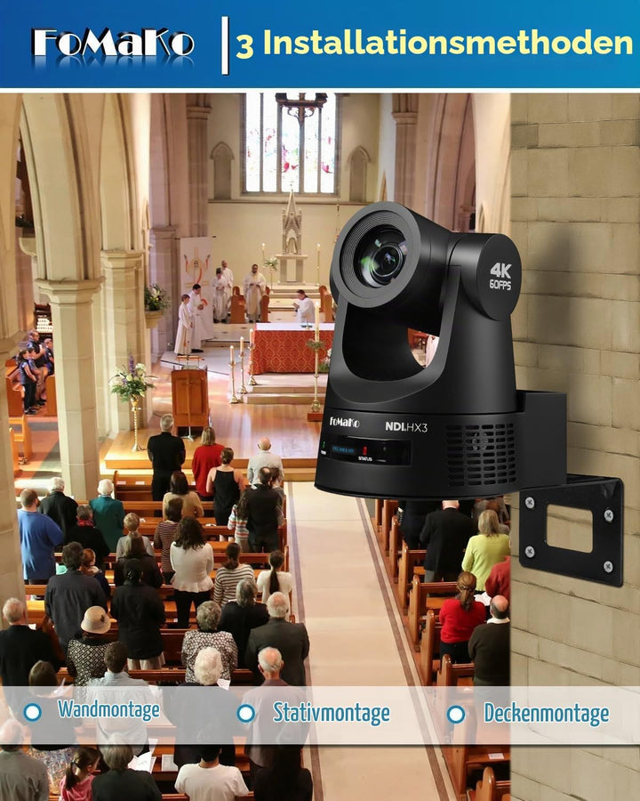 FoMaKo PTZ Kamera 4K 60FPS NDI HX3, 20x Optischer Zoom, Gen 3 KI Auto-Tracking, 3G-SDI/HDMI/NDI/USB/