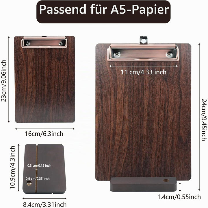 4 Stück A5 Klemmbrett aus Holz,Menühalter aus Holz für Restaurants, Klemmbretter mit hölzerner Basis