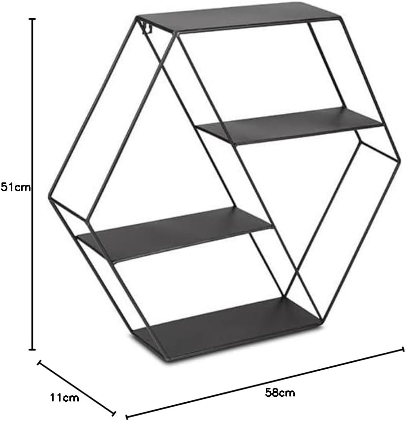 LIFA LIVING Hexagon Wandregal aus Metall mit 4 Böden, Schwarzes Schweberegal im Industrie Design, Se