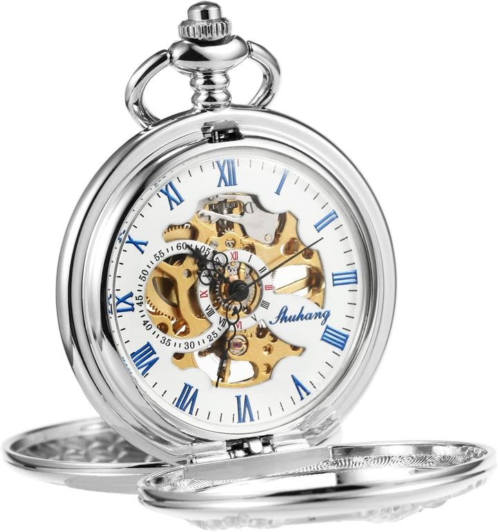 TREEWETO Unisex Taschenuhr Analog Handaufzug Retro Rentier Skelett Römische Taschenuhren mit Kette f