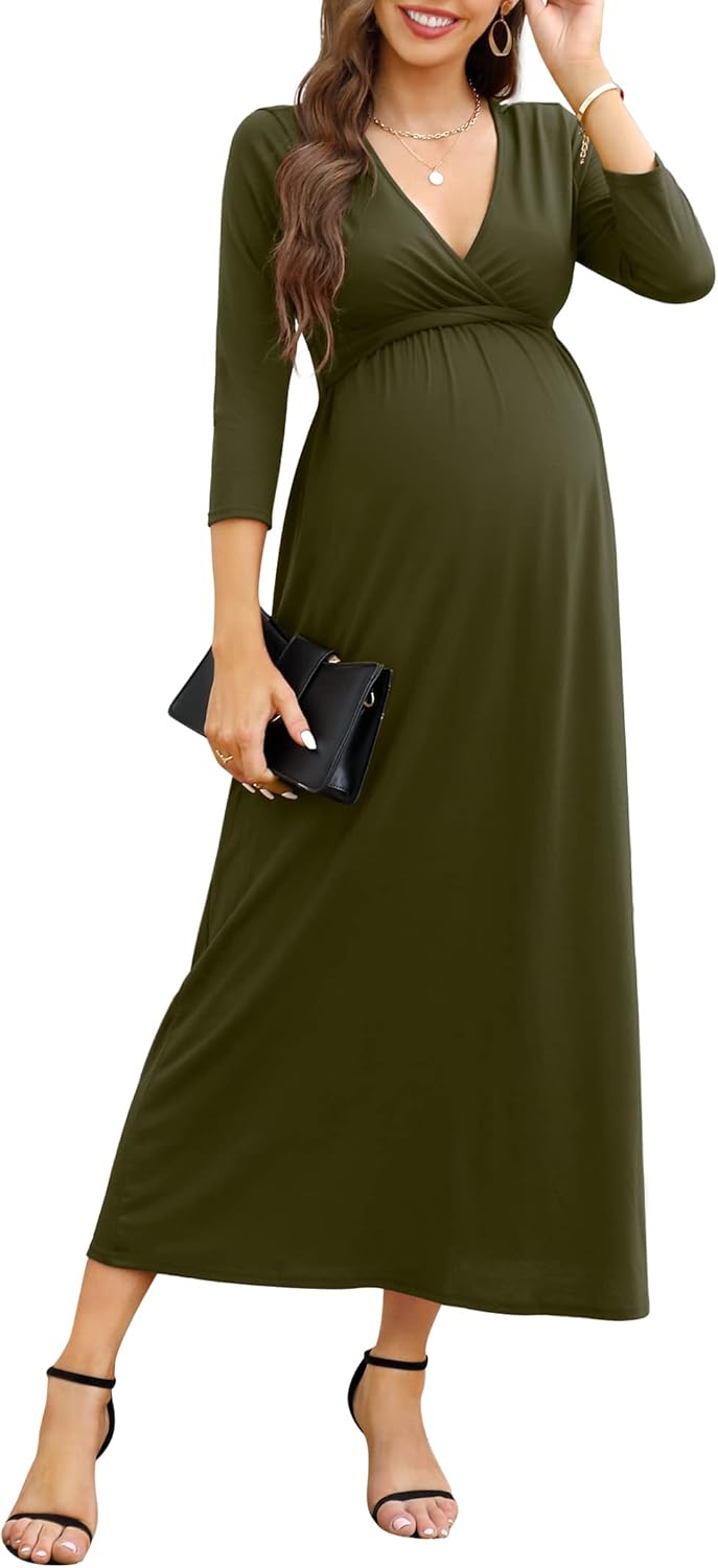 KOJOOIN Damen Umstandskleid V-Ausschnitt Langes Stillkleid 3/4 Ärmel Casual Falten Schwangerschaftsk