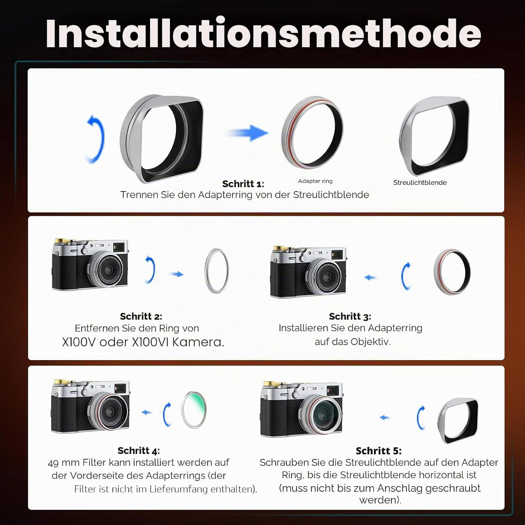 Haoge LH-X200S Gegenlichtblende aus Metall, quadratisch, mit 49 mm Adapterring, Metallkappe für Fuji