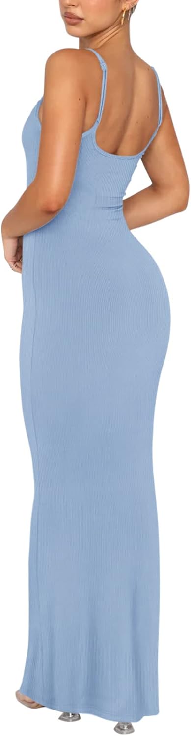 REORIA Damen Sexy Lounge Slip Langes Kleid Elegantes Hochzeitsgast ärmelloses rückenfreies Geripptes