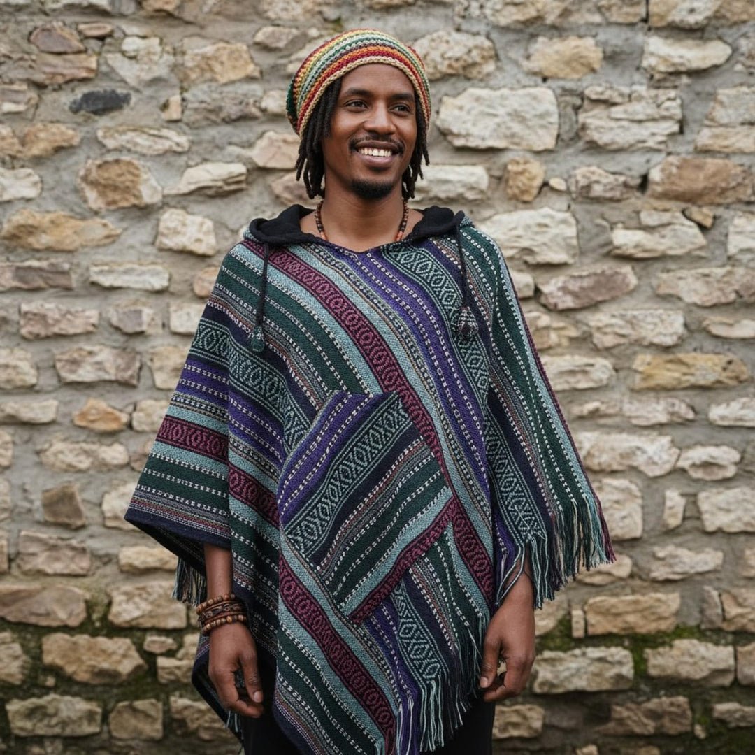 GURU SHOP Unisex Poncho Hippie Chic, Andenponcho mit Fransen, Herren/Damen, Baumwolle Einheitsgrösse
