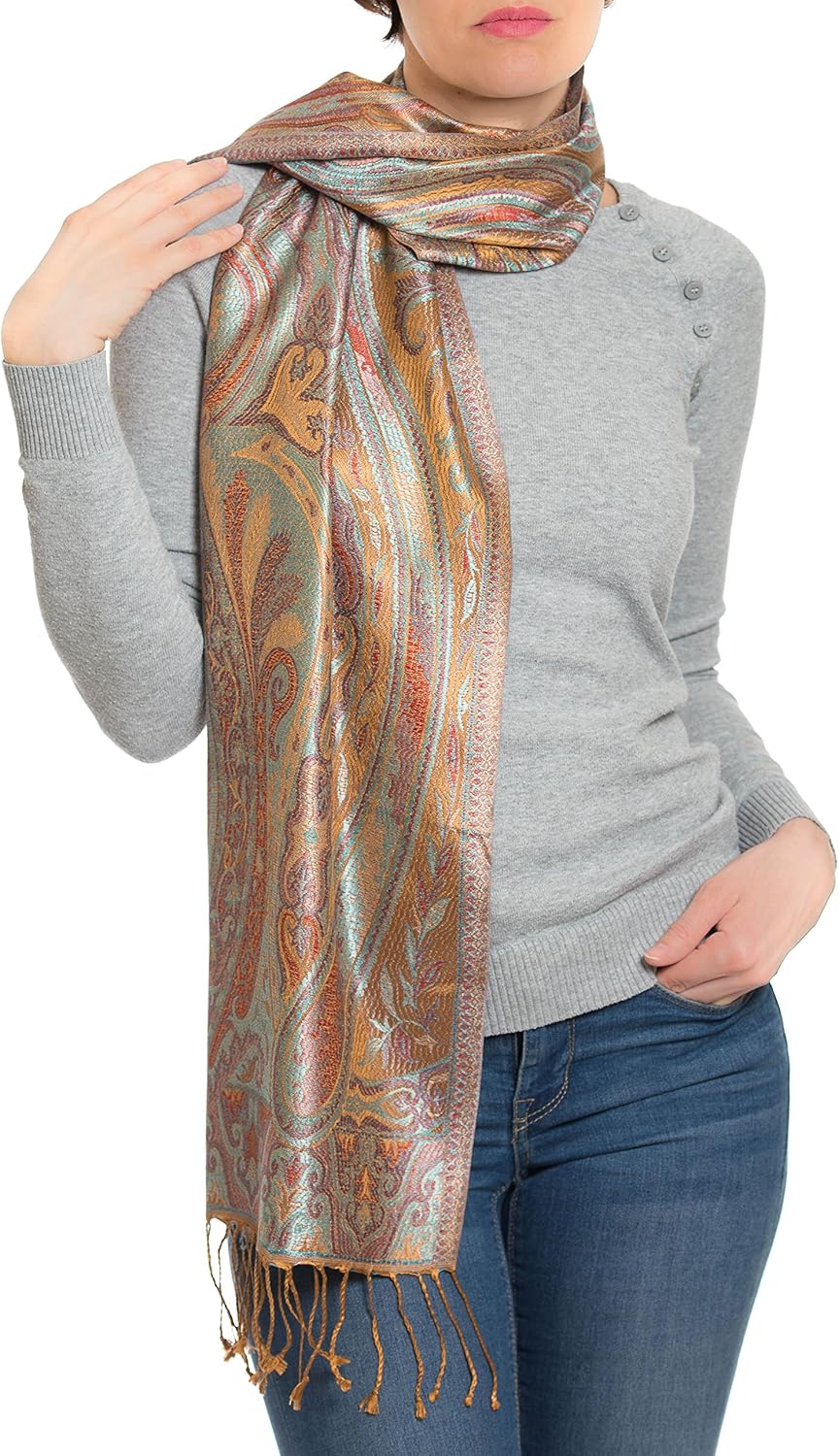 ufash Pashmina 100% Seidenschal aus Indien für Damen &amp; Herren, Paisley Muster, 160 x 35 cm - Schal a