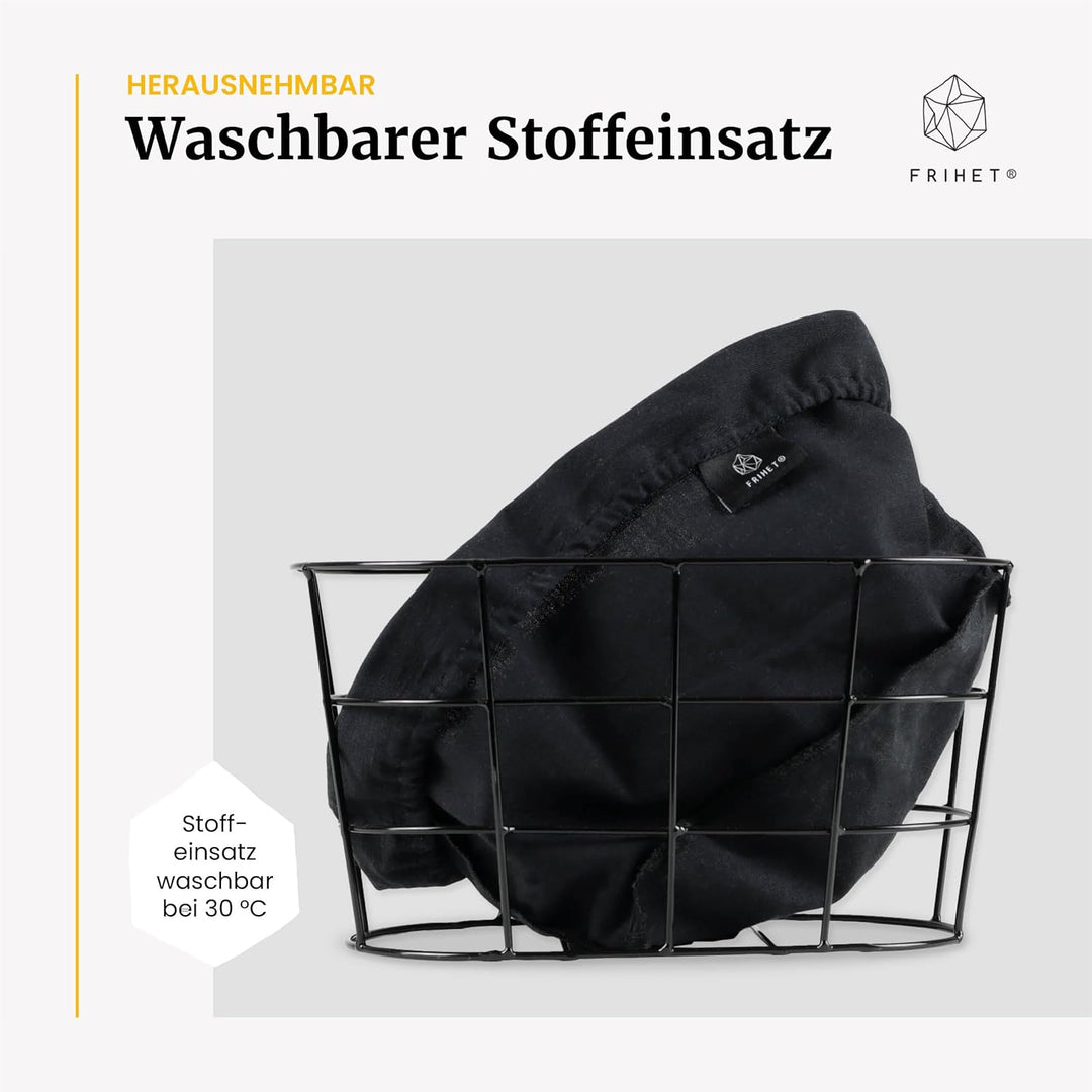FRIHET 2-in-1 Brotkorb & Obstschale - Metall - waschbare Einlage aus 100% Baumwolle - oval - schwarz