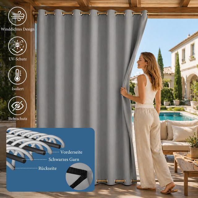 Rosnek Outdoor Vorhang Wetterfest Winddicht, Extra Breit Blickdicht Vorhänge mit Ösen Oben &amp; Unten,