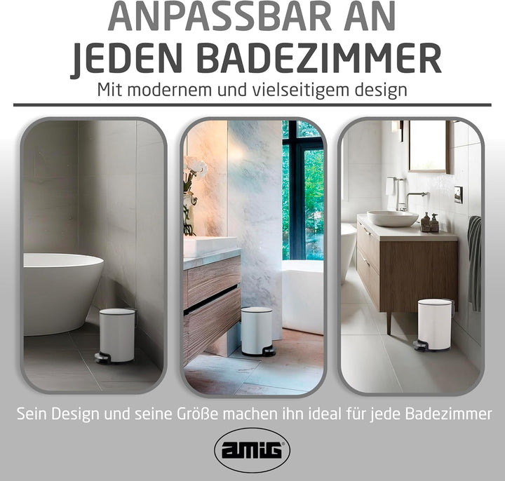 Amig - Kosmetikeimer mit Pedal 3L Tacto - Weiss - Hygienische Öffnung - Ø16,8 x 25,5 cm - Lackierter